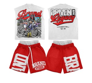 Ensemble short et t-shirt en coton délavé à l'acide, avec ourlet brut et manches déchirées, imprimé graphique en encre blanche et logo de marque, personnalisé 2026 - Product Image 3