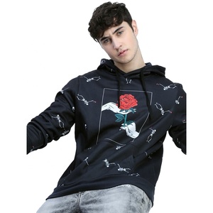 Sudadera con capucha negra personalizada para hombre con estampado de rosa y esqueleto, corte regular, estilo casual, para otoño. - Product Image 3