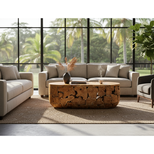 ARTERRA Meubles de salon en bois naturel fabriqués à la main, ambiance chaleureuse et accueillante, table ovale en teck rustique de qualité supérieure - Product Image 3