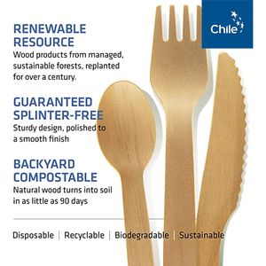 Ensemble de couverts en bois jetables 100% compostables à domicile, écologiques, organiques, durables, certifiés neutres en carbone - Product Image 1