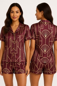 Ensemble de pyjama en satin pour femmes, manches courtes, col rabattu, fermeture à boutons, vêtements de nuit d'été, couleur unie, style élégant - Product Image 3