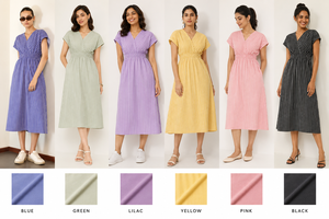 Vestido Midi a Rayas Azules y Blancas para Mujer, Manga Corta, Cuello en V, Cintura Alta, Estilo Casual de Verano con Bolsillos - Product Image 5