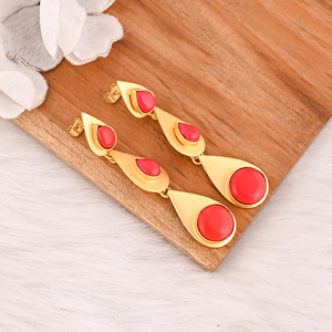 Natural <b>Red</b> Coral Brass Gold Plated Bezel Setting <b>Drop</b> <b>Earrings</b> Trendy Handmade Jewelry Shilpi Impex for Women - Product Image 2
