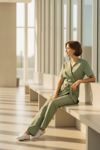 Ensemble de tenues médicales en coton pour femmes, style cache-cœur, haut à col en V, pantalon droit, uniforme d'infirmière, hôpital, clinique, beauté, spa, robes décontractées - Product Image 4