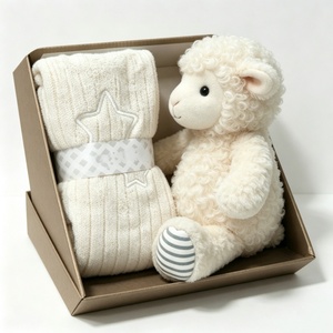 Customized neutral baby gift <b>box</b> with sheep stuffed toy & star knit <b>blanket</b>,curly lamb plush and knitted <b>blanket</b> gift set - Product Image 6