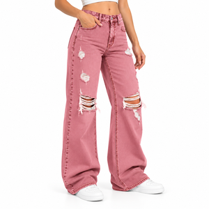High Quality <b>Women</b> Ripped Wide Leg <b>Jeans</b> High Waist Distressed Denim Trousers <b>Baggy</b> Damaged Pants Custom <b>Women's</b> Denim <b>Jeans</b> - Product Image 3