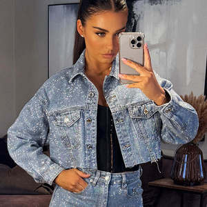 Factory Price Customized New Light Blue Cropped Rhinestone Denim <b>Jacket</b> <b>Long</b> Sleeves Designed <b>For</b> Women denim <b>jacket</b> - Product Image 1