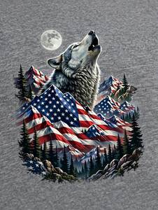 Camiseta de manga corta gris para hombre con estampado frontal de lobo ulugando y bandera americana, camiseta informal con cuello redondo, 100% algodón - Product Image 5