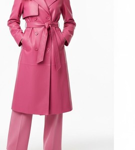 Women Long <b>Trench</b> <b>Coat</b> Pink Woven Polyester Belted Turn-down Collar Full Sleeve Solid Color Autumn Outerwear - Product Image 5