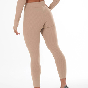 Wholesale Custom <b>Workout</b> High Waisted Rib Fabric Women Sportswear Fitness Solid Color Plus Size Yoga <b>Leggings</b> <b>With</b> <b>Pockets</b> - Product Image 3