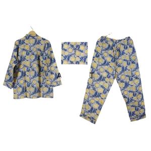 Conjunto de Pijama de Algodón 100% Hecho a Mano con Estampado Floral Azul Vintage, Cintura Elástica Informal, Secado Rápido, Ropa de Dormir para Mujer - Product Image 1