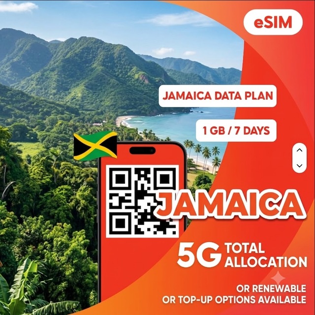 Jamaica eSIM 1GB for 7 Days Prepaid 4G/5G Travel Data with Fast Internet and Instant QR Code Activation