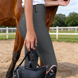 Pantalon d'équitation taille haute pour femme, couleur unie verte, fermeture boutonnée, coupe ajustée - Product Image 5