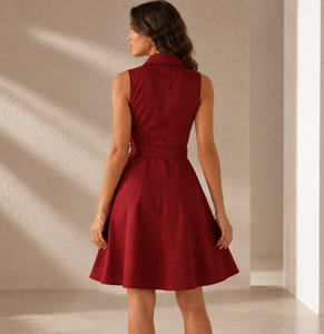 Women's <b>Red</b> V-Neck Sleeveless A-Line Mini Dress Empire Waist <b>Belt</b> Illusion Detail-Knitted Polyester Eco-Friendly Party Wear OEM - Product Image 2