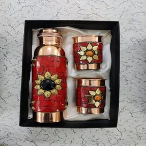 Copper Water Bottle and Glass Set Red Floral <b>Drinkware</b> Gift Set Custom Logo Home Wedding Use - Indian Home Crafts - Product Image 4