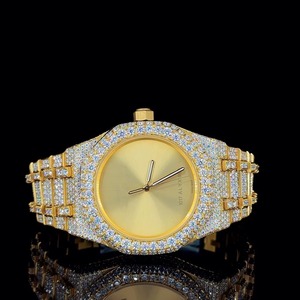 Reloj de pulsera de lujo con baño de oro, esfera dorada lisa y brazalete con diamantes incrustados, elegante reloj clásico de moda para hombre. - Product Image 1