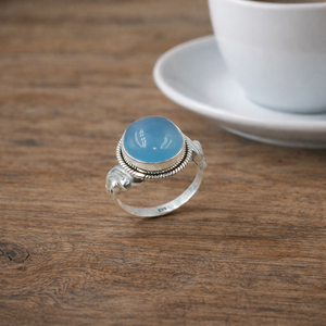 Bague en calcédoine bleue naturelle, argent sterling 925, faite à la main, cabochon rond, pierre précieuse vintage, bijoux bohèmes pour cadeau de Noël homme - Product Image 1