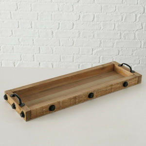 Plateau de service décoratif rectangulaire en bois brun et métal, plateau en pin avec poignées pour la décoration moderne de la maison de style farmhouse - Product Image 6