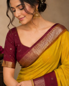 Sari traditionnel en soie pure tissé à la main, jaune moutarde, pallu marron, bordure Kanjeevaram en Zari doré, pour mariage et fête indiens traditionnels - Product Image 3