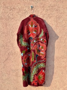 Red Velvet Embroidered <b>Coat</b> Full Sleeve O-Neck Autumn Eco-Friendly Breathable Women's Long Fleece Jacket One Size - Product Image 3
