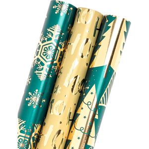 Rotolo di Carta da Regalo Natalizia Mini 43 cm x 305 cm, 3 Diversi Colori Verde Scuro con Glitter Metallizzato - Product Image 1