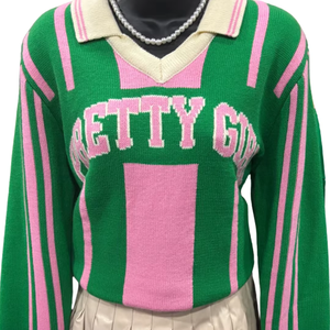 Suéter de Punto Verde y Rosa para Mujer, Estilo Preppy, Manga Larga, Cuello Camisero, Bordado, Diseño Premium, 100% Acrílico - Product Image 1