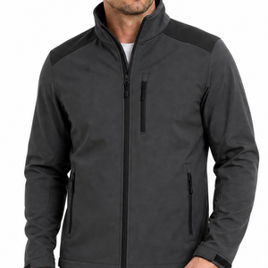 Veste softshell homme OEM gris foncé noir contrasté, col montant minimaliste, design bicolore, imperméable, fermeture éclair, poche poitrine. - Product Image 2