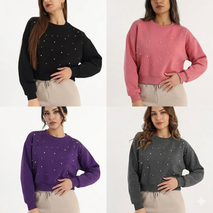 Sudadera corta rosa con cuentas para mujer, precio de fábrica, hombros caídos, con perlas, cuello redondo, forro polar liso, sudadera con capucha para mujer - Product Image 5