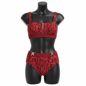 ชุดบิกินี่ผู้หญิง 230 GSM โพลีเอสเตอร์ สแปนเด็กซ์ สีแดง ซิปแบบแผง ลายกราฟิก สายรัดแบบหัวเข็มขัด โลโก้สั่งทำ ชุดบิกินี่ผู้หญิง - Product Image 1