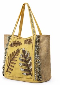<b>Mustard</b> Embroidered Leaf Tote Bag – Jute Style Boho <b>Handbag</b> with Fringe Detail <b>mustard</b> embroidered tote bag - Product Image 2