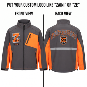 เสื้อแจ็คเก็ตโซฟต์เชลล์บุขนแกะพรีเมียม ZAINI สำหรับผู้ชาย รุ่น Autumn 220 GSM สีเทา-ส้ม แต่งแผงสีส้ม  โลโก้ด้านหน้า คอตั้ง ซิป - Product Image 1