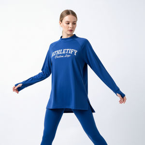 Tunique de sport longue et modeste pour femme, respirante, séchage rapide, en jersey écologique, ourlet asymétrique, manches longues, coupe ample, grandes tailles - Product Image 1