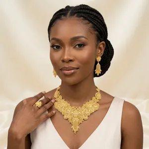 Latest Trendy Ethiopian Flower Classic Design Long Necklace Set with Earrings & Rings 18K Gold Plated Brass Jewelry for Women - Product Image 3