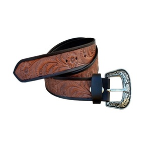 Custom Floral Embossed Top Grain Western Leather <b>Tooling</b> <b>Belt</b> for Men and Women with Designer antique Silver Brass Buckle - Product Image 5