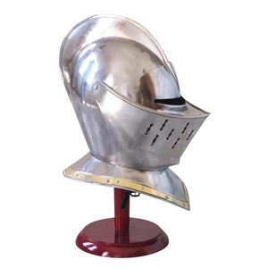 Casco de Caballero Medieval de Acero Troquelado Plateado, Pieza Decorativa, Réplica de Guerrero Antiguo con Base de Madera para Arte en el Hogar/Oficina - Product Image 3