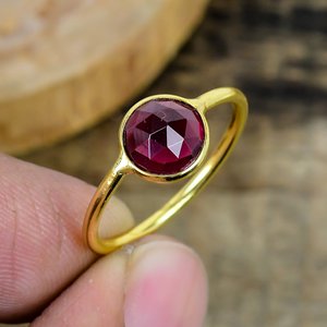 Handmade Red Garnet 5mm Round Gemstone Ring 18k Gold Micron Over 925 <b>Solid</b> Sterling <b>Silver</b> - Product Image 3