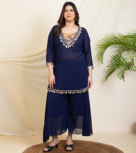 DEEBACO Ensemble 3 pièces Kurti Sharara décontracté en mélange de soie, longueur cheville, avec haut intérieur en satin imprimé, grande taille, col en V, 3/4 - Product Image 1
