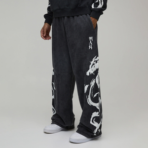 Dragon Printed Stonewashed Joggers Wide Leg Long Streetwear Men's Sweatpants Side Pockets <b>Drawstring</b> Waist Long <b>Trousers</b> - Product Image 1