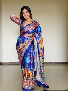 Sari de Seda Estampado Azul de Última Moda para Mujer, Estampado Digital, Largo hasta el Suelo, Ropa Tradicional India Formal para Fiesta - Product Image 2