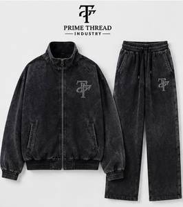 Conjunto de Chándal de Algodón Lavado para Hombre a Precio Económico, Sudadera con Capucha de Cremallera Completa, Chándal Holgado con Pantalones Acampanados, Estilo Deportivo Otoñal, Chándal Personalizado - Product Image 5