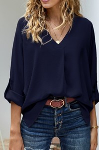 Women's Midi Korean Casual Natural Simple Long Sleeve V Neck Blouses for <b>Tunic</b> Office Latest Design - Product Image 5