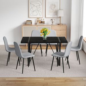 55-Inch Minimalist <b>Retro</b> Rectangular <b>Dining</b> <b>Table</b> with Black Textured Top Paired with 6 Light Gray Linen-<b>Table</b> and Chair Set - Product Image 1