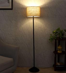 Modern Floor Lamp <b>Iron</b> Base Beige Fabric Drum Shade LED Warm Light Residential Use - Product Image 1