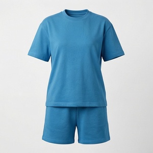 Ensemble décontracté 2 pièces pour femme en tricot bleu uni, t-shirt à manches courtes et short au-dessus du genou, coupe ample, respirant, pour le printemps et l'été - Product Image 1