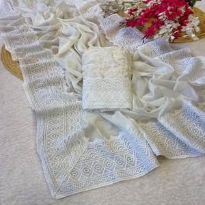 ผ้าไหมรังโกลีสีขาวพรีเมียม VASTRA COTTAGE พร้อมงานปักเลื่อมประณีตและขอบลูกไม้ลายฉลุดีไซน์เนอร์ - Product Image 3