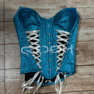 Wholesale Glittery Blue Overbust <b>Corset</b> with Side Lacing Design For Clubwear Party Wear Bustier - Product Image 4