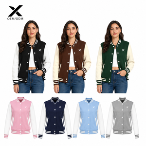 Veste universitaire pour femme X Sports City, manches en simili cuir, col rabattu, couleur unie, vêtement d'automne avec logo X sur les boutons avant - Product Image 3