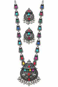 Parure de bijoux de mariage vintage colorée pour femme, collier superposé et boucles d'oreilles, plaqué argent antique, collier long de haute qualité - Product Image 3