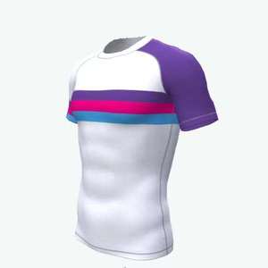 เสื้อแรชการ์ดแขนสั้นสีขาว ลายทางสีม่วง ชมพู ฟ้า แห้งเร็ว ผลิตจากโพลีเอสเตอร์ สำหรับผู้ใหญ่ ทั้งชายและหญิง ดีไซน์แบบคัลเลอร์บล็อก - Product Image 3