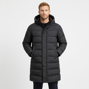 Veste d'hiver en duvet à capuche longue pour homme, noire unie, coupe-vent, fermeture éclair, décontractée, en polyester - Product Image 6